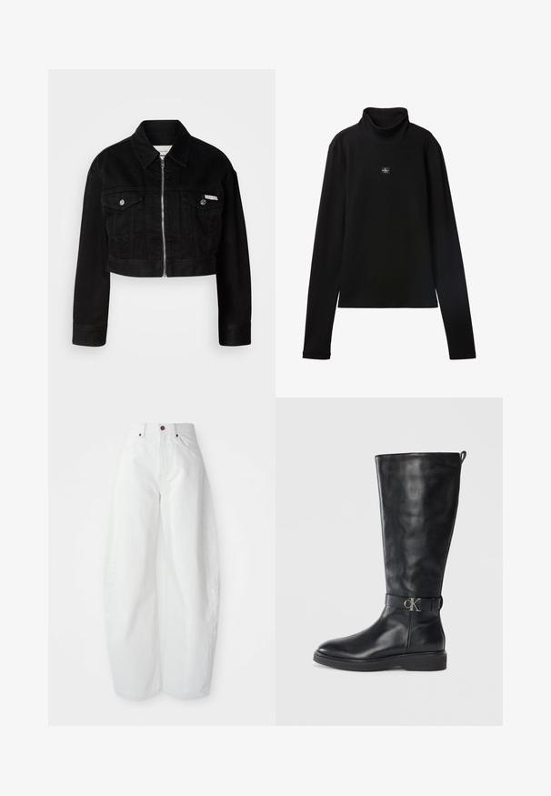 Zwarte, gecropte denimjasje met een kraag, een rits aan de voorkant en twee borstzakken, met metalen knopen en een logo-accent.; Zwarte geribde coltrui met lange mouwen en een klein vierkant Calvin Klein-logo midden op de borst.; Hoge taille witte spijkerbroek met een losse pasvorm. Voorzien van een knoopsluiting, zijzakken en een minimalistisch ontwerp. Glad textuur.; Zwarte leren kniehoog laars met lage hak, ronde neus en een metalen "CK" logo gesp rond de enkel.