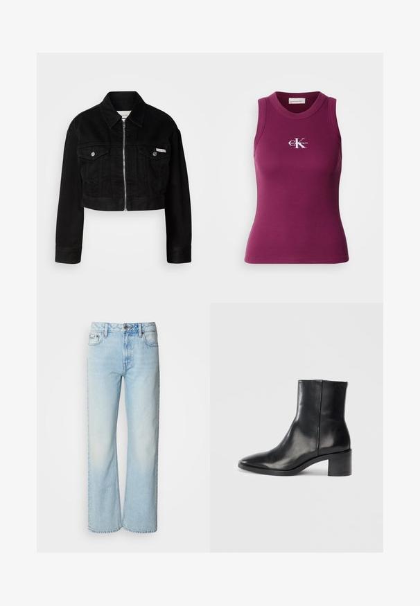 Schwarze, kurz geschnittene Jeansjacke mit Kragen, Frontreißverschluss und zwei Brusttaschen, ausgestattet mit metallischen Knöpfen und einem Logo-Detail.; Geripptes, ärmelloses Tanktop in Dunkellila mit Rundhalsausschnitt und weißem "Calvin Klein"-Logo auf der Brust. Weicher Stoff mit figurbetontem Schnitt.; Helle blaue weit geschnittene Jeans aus Denim, mit einem klassischen Fünf-Taschen-Design und einer dezenten, gewaschenen Textur. Die Denim-Nähte sind sichtbar.; Schwarze Leder-Ankle-Boots mit spitzer Zehe, niedrigem Blockabsatz und dezentem, geprägtem Logo. Glatte Oberfläche mit einem eleganten Design und minimalen Nähten.
