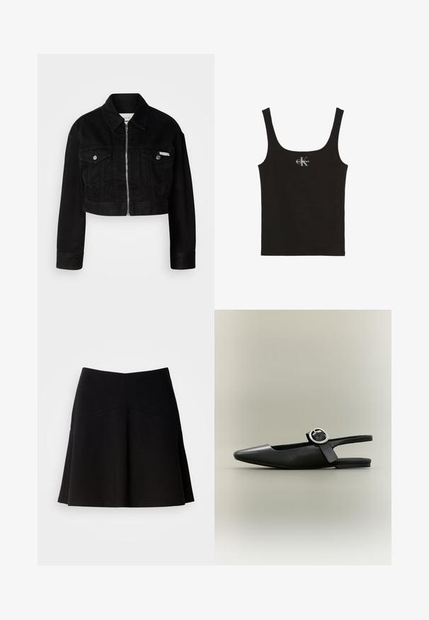 Sort cropped denimjakke med krave, frontlynlås og to brystlommer, med metallknapper og logoaccent.; Sort ribbet tanktop med brede stropper og Calvin Klein-logo i hvid på brystets midte, sat mod en hvid baggrund.; Sort flagrende nederdel lavet af blødt stof, med en tætsiddende talje og sømdetaljer. Glat tekstur med et enkelt, klassisk design.; Sort spids flat slingback-sko med sølv spænde og lav hæl på en neutral baggrund.
