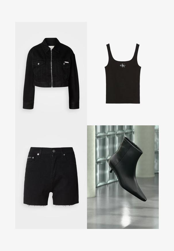 Mustmust öösinine denim jakk, millel on krae, esi tõmblukk ja kaks rinnataskut, metallnuppudega ja logotootega.; Must puuvillane top, millel on ümar kaelus ja laiad õlapaelad. Esiküljel on väike trükitud "Calvin Klein" logo.; Mustast denimist lühikesed püksid, lõhiku servaga, kahe esikotiga, nööbi ja lukuga, ning Calvin Kleini logo vöökohtadel.; Mustast nahast pahkluu saabas terava varbaotsaga ja madala Kitsuki kontsaga, kuvatud nurga alt läikiva põranda ja klaasplokkseinaga taustal.