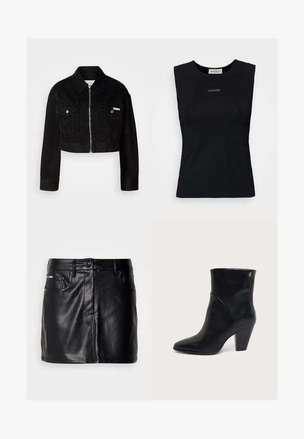 Sort cropped denimjakke med krave, frontlynlås og to brystlommer, med metallknapper og logoaccent.; Sort ærmeløs top lavet af glat stof. Har en rund halsudskæring og et lille Calvin Klein-logo i midten. Simpelt og tætsiddende design.; Sort læder mini-nederdel med skræddersyet design, der har forlommer, knaplukning og en glat overflade.; Sort læderankelstøvle med spids tå, blokhæl og lille gyldent logo nær den øverste kant på ydersiden.