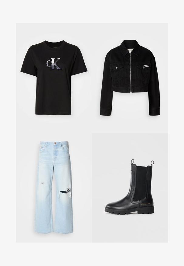 Sort cropped denimjakke med krave, frontlynlås og to brystlommer, med metallknapper og logoaccent.; Sort bomulds T-shirt med rund hals. Har et sølv broderet "cK" logo og teksten "Calvin Klein Jeans" under logoet. Korte ærmer.; Lyseblå brede jeans lavet af denim, med høj talje, store revner ved knæene og et klassisk fem-lomme design med kobberhardware.; Sorte ankelstøvler lavet af skinnende læder med elastiske sidepaneler, tykke gummisåler og en bageste trækflap. Har guldbranding på siden.