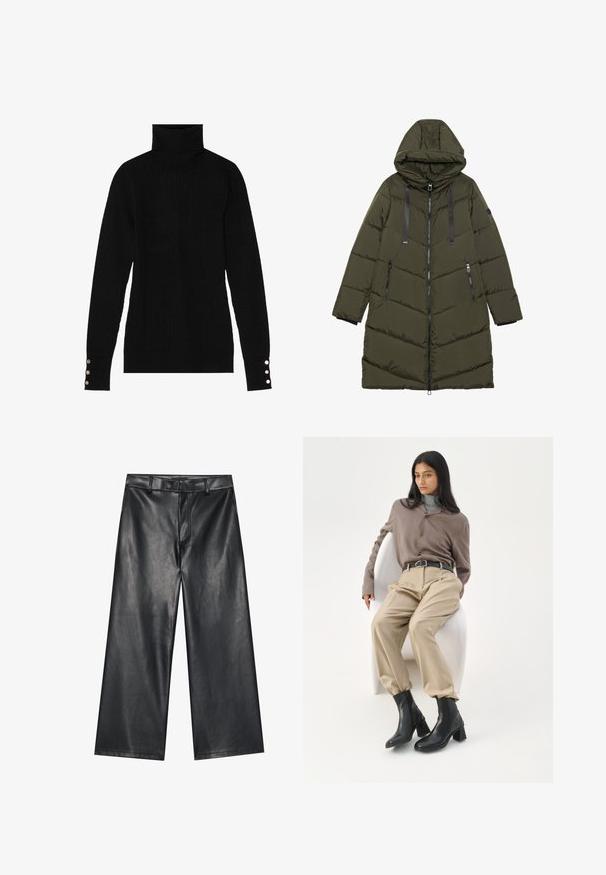 Oliven grøn pufferjakke med hætte, med en lynlåslukning, sidelommer, quiltet mønster og sorte accenter på lynlåsen og snorene.; Sort turtleneck sweater med ribbet tekstur. Har tætsiddende lange ærmer med tre sølvknapper ved hver manchet.; Sorte læder bukser med brede ben og en glat tekstur, bæltestropper og en frontlynlås. Har en løs pasform og rene syninger.; Kvinde med langt sort hår, der læner sig op ad en hvid buet stol iført en taupe bluse, beige bukser, sort bælte og sorte ankelstøvler med hæl.