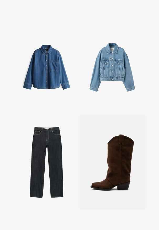 Lichtblauwe cropped spijkerjack met lange mouwen, knoopsluiting, twee borstzakken met klep en een klassieke kraag.; Denim shirt, lichtblauw, lange mouwen, knopenlijst aan de voorkant, kraag, enkele borstzak, contrasterende stiksels en een ontspannen pasvorm.; Donkerblauwe jeans met rechte pijpen, vijf zakken, knoopsluiting en contrasterend stiksel op een witte achtergrond.; Bruine suède cowboylaars tot halverwege de kuit met een lage gestapelde hak en een trek lus op een eenvoudige lichte achtergrond.
