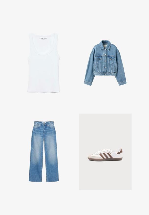 Lyseblå cropped denimjakke med lange ærmer, knaplukning foran, to brystlommer med klap og en klassisk krave.; Hvid, ærmeløs top med rund halsudskæring, lavet af blødt stof. Mærkat indeni kraven viser mærke og størrelsesoplysninger.; Lyseblå jeans med vide ben lavet af denim, med høj talje, subtil falmet effekt og klassisk fem-lomme-design med kobberdetaljer.; Hvid Adidas Samba sneaker med brune ruskindstriber, brun ruskindstå og gummisål på en lys grå baggrund.
