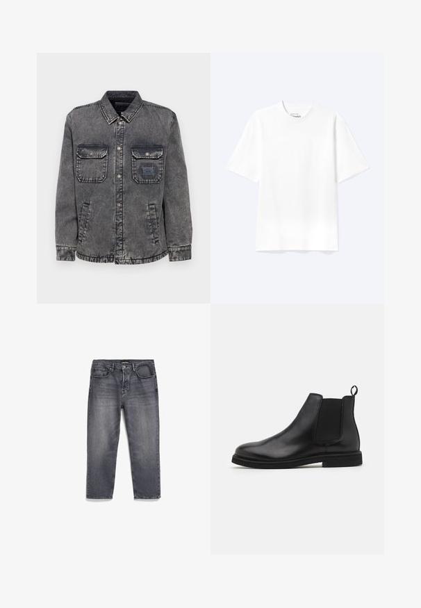 Denim jacket in vervaagd grijs met een knoopsluiting aan de voorkant, twee borstzakken en zijzakken. Bevat een contrasterend label op de linkerkant.; Effen witte T-shirt met korte mouwen en ronde hals, met een losse pasvorm, weergegeven op een lichte achtergrond.; Grijze denim jeans met een vervaagde afwerking, met een rechte snit, vijf zakken ontwerp en een licht versleten uitstraling.; Zwarte leren Chelsea boots met elastische zijpanelen en een trekband. Ronde neus en platte rubberen zool, met een gladde afwerking.