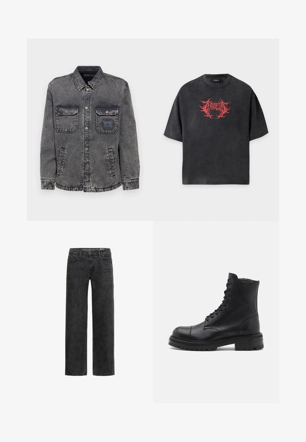 Denim jacket in vervaagd grijs met een knoopsluiting aan de voorkant, twee borstzakken en zijzakken. Bevat een contrasterend label op de linkerkant.; Zwart oversized T-shirt met korte mouwen en rood stekelig tekstontwerp in het midden van de borst met de tekst "FAVELA".; Zwarte denim jeans met een ontspannen pasvorm, rechte pijpen, vijf-pocket ontwerp en een subtiele vervaagde textuur. Voorzien van een knoop- en ritssluiting.; AllSaints HANK - Veterboots - black