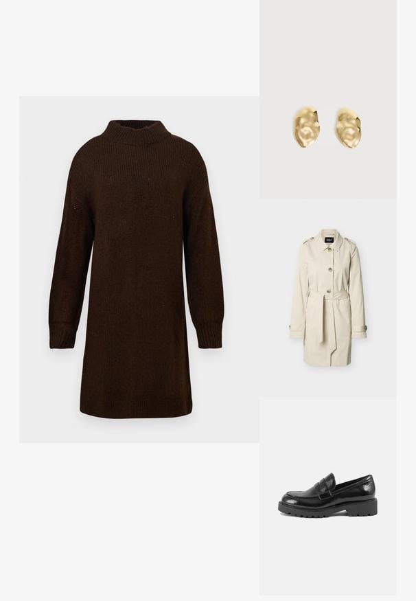 Abrigo tipo trench beige hasta la rodilla con cierre de botones, cinturón de lazo en la cintura, hombreras y correas en los puños, exhibido sobre un fondo liso.; Vestido de suéter de punto de manga larga en marrón oscuro, con cuello perkins y puños acanalados, exhibido sobre un fondo claro y liso.; Mocasin de charol negro con punta estructurada, tira decorativa en el empeine y suela gruesa y robusta. Acabado suave y brillante.; Par de pendientes de metal dorado brillante, con forma irregular y superficie arrugada y lisa sobre un fondo claro y sencillo.