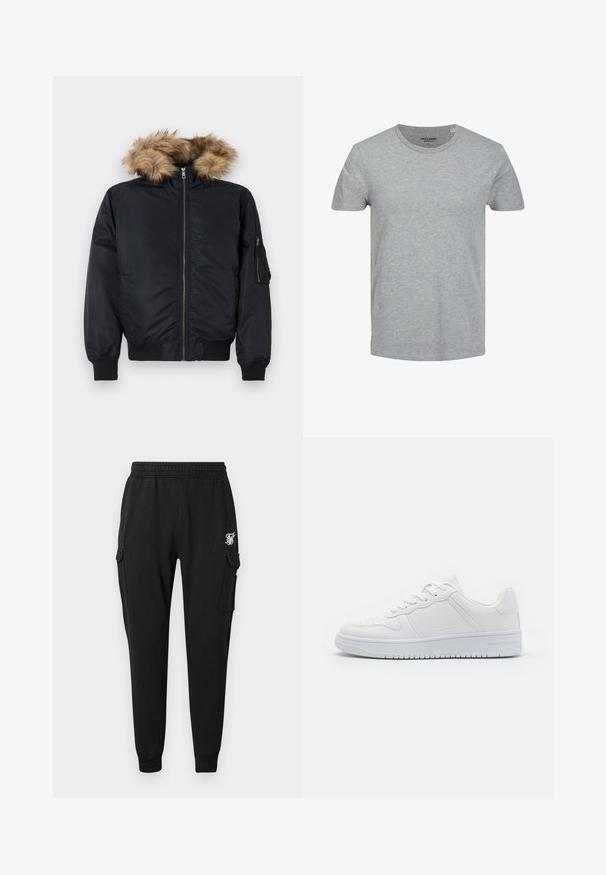 Chaqueta bomber negra con capucha de pelo sintético, cierre de cremallera al frente, puños acanalados y bolsillos laterales. Exterior suave con un brillo sutil.; Camiseta gris de manga corta hecha de suave algodón. Presenta un cuello redondo clásico y un corte regular. Diseño sencillo sin patrones ni acentos.; Pantalones cargo negros fabricados en un tejido suave, con una cinturilla elástica, bolsillos laterales y un logo discreto en el muslo. Diseño de corte recto.; Zapatillas blancas hechas de material sintético liso, con cordones planos, puntera perforada y suela de goma con un patrón de agarre texturizado.