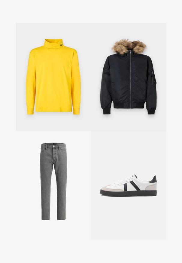 Veste bombardier noire avec une capuche en fausse fourrure, fermeture éclair à l'avant, poignets côtelés et poches latérales. Extérieur lisse avec un léger éclat.; Chemise à col roulé jaune vif à manches longues avec un petit logo noir brodé sur le col, design simple, présentée sur un fond blanc.; Jean en denim gris avec une coupe droite, design à cinq poches et fermeture à bouton en métal. Le tissu a une finition douce et texturée.; Baskets blanches avec des accents noirs et gris, présentant un embout texturé gris, une semelle en caoutchouc noir et des lacets plats blancs. Design épuré, style minimaliste.