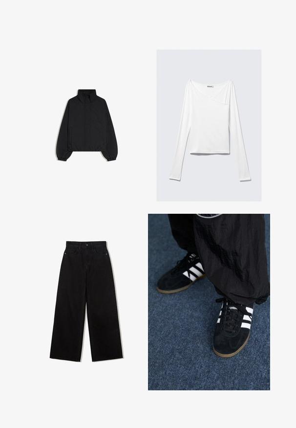 Doudoune noire avec col montant, boutons-pression à l'avant, poignets élastiques et poches latérales, conçue pour les temps froids.; Haut blanc à manches longues avec un design croisé et une poche. Fabriqué dans un tissu lisse et extensible. Coupé dans une coupe décontractée et ample.; Jeans noirs à jambes larges en denim avec une taille haute, présentant un design à cinq poches et une fermeture à un bouton à l'avant.; Des chaussures de sport en suède noir avec trois rayures blanches et des lacets noirs. Un pantalon noir texturé est partiellement visible à côté des chaussures.