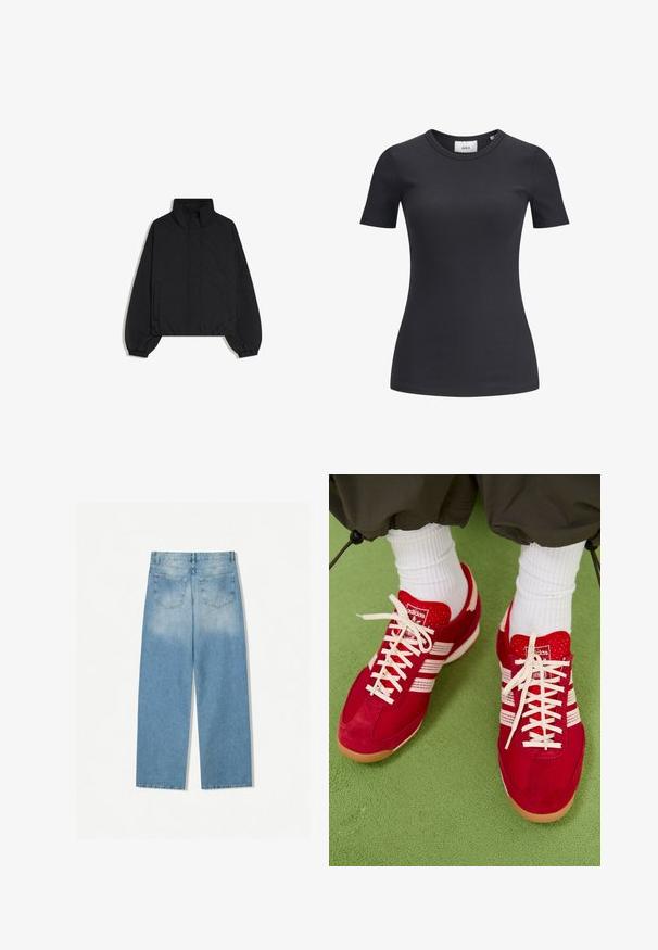 Schwarze Daunenjacke mit hohem Kragen, vorderen Druckknöpfen, elastischen Bündchen und Seitentaschen, entworfen für kaltes Wetter.; Schwarzes, geripptes T-Shirt mit kurzen Ärmeln und Rundhalsausschnitt. Hergestellt aus einem weichen, dehnbaren Stoff, der eine subtile Textur und eine taillierte Silhouette aufweist.; Helleblaue Denim-Jeans mit geradem Bein, ausgestattet mit zwei Gesäßtaschen und einer ausgebleichten Textur im oberen Bereich.; Rote Wildleder- und Mesh-Sportschuhe mit weißen Streifen und Schnürsenkeln. Gummisohle. Getragen mit weißen gerippten Socken auf einer grünen strukturierten Oberfläche.