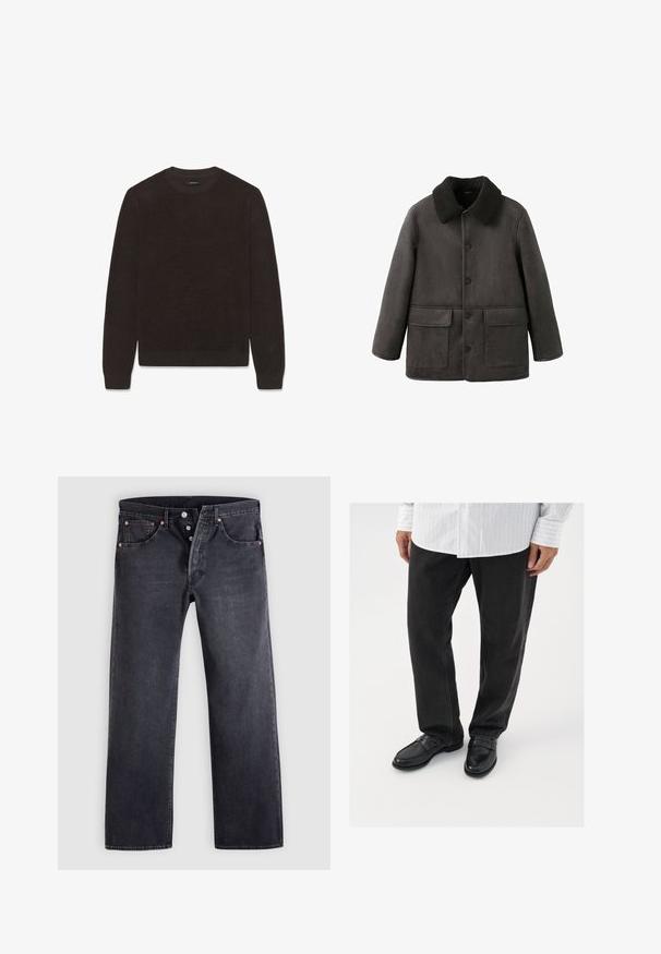 Veste gris foncé en matière semblable au daim, avec un col en fausse fourrure noire, deux poches avant et des fermetures à boutons.; Pull marron en tricot, col rond, manches longues, poignets et ourlet côtelés, tissu texturé. Design simple et épuré, aspect doux.; Jean en denim noir avec une coupe droite, design à cinq poches, et boutons en cuivre. Texture lisse avec une légère finition délavée.; Pantalons en denim noir associés à des mocassins noirs brillants. La chemise est blanche avec de fines rayures verticales, avec des manches longues et un col boutonné.