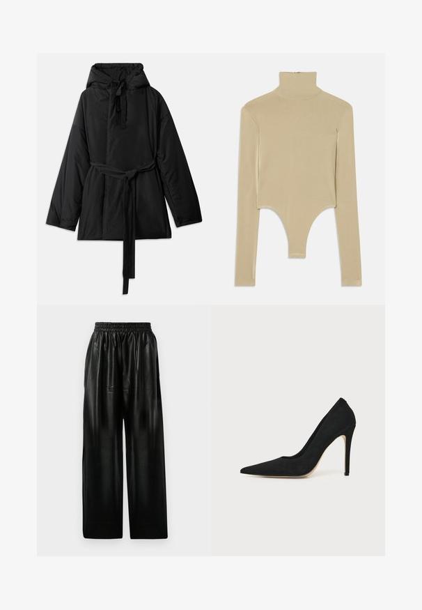 Sort polstret jakke med hætte, justerbart bindebælte, lange ærmer og en glat tekstur. Enkelt design, uden synlige mønstre eller hardware.; Beige langærmet turtleneck top i glat stof, med en udskåret bund, der har en tætsiddende facon og minimalisk design.; Sorte læder brede bukser med elastisk talje, der har to sidelommer og en glat, blank overflade.; Sort højhælet stiletpump med spids tå og glat tekstur, vist fra siden på en ensfarvet lys baggrund.