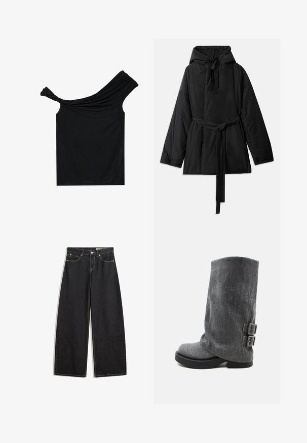 Sort polstret jakke med hætte, justerbart bindebælte, lange ærmer og en glat tekstur. Enkelt design, uden synlige mønstre eller hardware.; Sort off-shoulder top lavet af et blødt stof. Har snoet detalje ved udskæringen og en tætsiddende silhuet.; Sort denimbukser i bred model med høj talje, fem lommer, kontraststing og knaplukning. Glat tekstur med klassisk snit.; Grå midt på læggen slouchy støvle med sort sål og to justerbare side-spænder vist i profil på hvid baggrund.