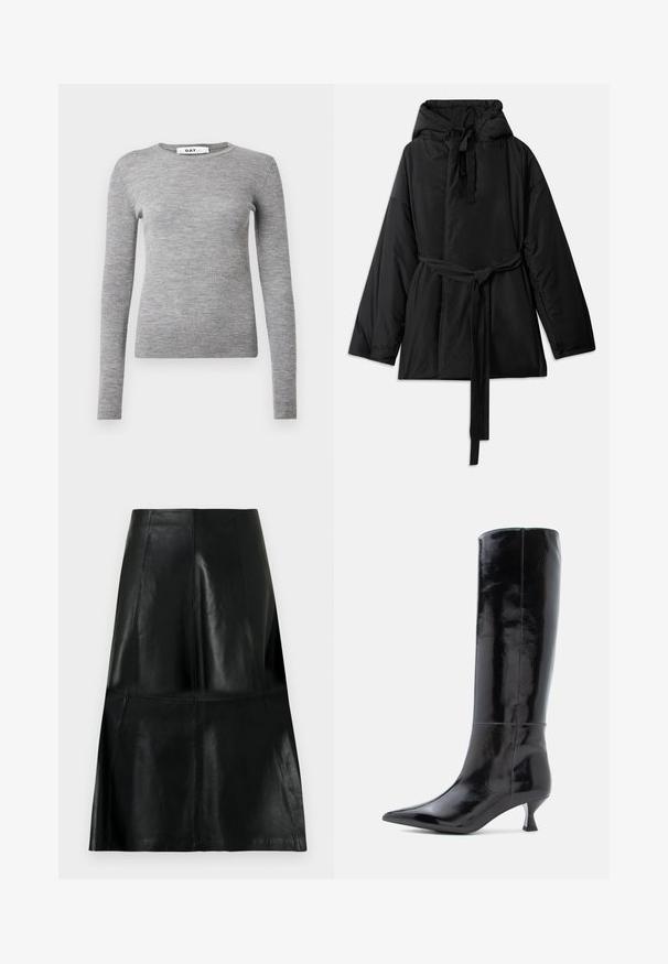 Veste noire rembourrée avec capuche, ceinture à nouer réglable, manches longues et texture lisse. Design uni, sans motifs visibles ni matériel.; Pull gris à manches longues avec une texture côtelée, un col rond et une coupe ajustée. Fabriqué dans un matériau doux et texturé avec une silhouette slim.; Jupe en cuir noire longueur genou avec des coutures de panneaux verticales et horizontales, légèrement évasée au bas.; Bottes en cuir noir, montantes jusqu'au genou, avec une finition brillante, un bout pointu et un petit talon carré. Texture lisse, détails de couture minimalistes.