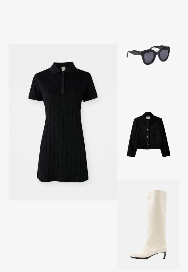 Chaqueta negra corta hecha de una mezcla de lana, que presenta un cuello, cierre con botones y dos bolsillos frontales con una textura suave.; Vestido polo negro de manga corta, con un cuello y un patrón texturizado de diamantes y círculos. Cierre de botones en el cuello.; Bota blanca hasta la rodilla hecha de material liso con punta puntiaguda y tacón negro delgado. Presenta un diseño limpio y una marca mínima.; Gafas de sol negras de gran tamaño con forma de ojo de gato, lentes oscuras y marca "Gino Rossi" en las varillas, mostradas sobre un fondo blanco.