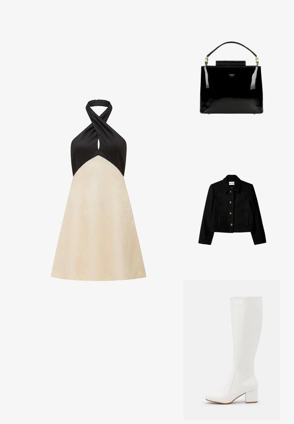 Zwarte cropped jas van een wolmix, met een kraag, knoopsluiting en twee voorzakken met een zachte textuur.; Halternekkleed met een zwarte top en een crèmekleurige A-lijn rok, met een draai ontwerp bij de halslijn en een zachte textuur.; Witte kniehoge laarzen met een gladde, glanzende afwerking. Vierkante blokhak en subtiele stikseldetails langs de zijkant.; Zwarte gepatenteerde leren handtas met een gestructureerd ontwerp, voorzien van een bovenhandvat, gouden hardwareaccenten en een kleine klep aan de voorkant.