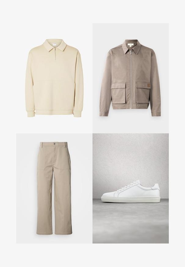 Hele beež jakk, millel on tõmblukk, terav krae ja kaks esist kannet. Materjalil on sile, kergelt tekstuuriga viimistlus.; Beige pullover särk pehmest kangast, millel on lukuga kaelus, krae ja vabalt langev lõige koos lihtsa horisontaalse õmbluse detailiga.; Beežid laia lõikega püksid puuvillast; ees on tikand taskud, nööpidega kinnis ja nähtav õmblus äärte juures.; Valge tennisetoss, millel on sile nahk pealis ja madal profiil. Omab ümarat ninaosa, kuut silmust ja tekstuuriga kummist talda.