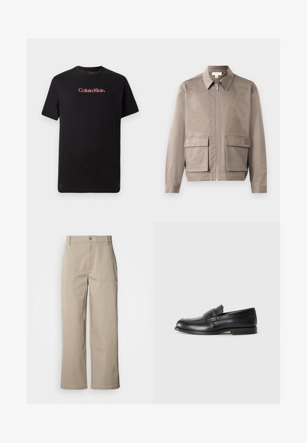 Lys beige jakke med lynlås foran, spids krave og to forsætslommer. Materialet har en glat, let struktureret overflade.; Sort kortærmet t-shirt lavet af bomuld, med et centralt Calvin Klein-logo i rød og hvid, med rund halsudskæring og afslappet pasform.; Beige bukser med vide ben lavet af bomuld; har forlommer, knaplukning og synlig syning langs kanterne.; Sorte læder loafers med rund tå, syet detaljer og en flad gummisål. Har en bred rem over vristen.