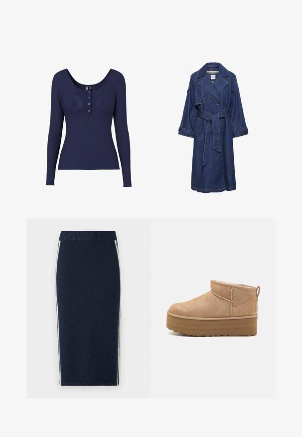 Denim trenchcoat in donkerblauw met een dubbelgebreide voorkant, brede revers en een zelf te strikken riem. Voorzien van twee zijzakken en knopenmanchetten.; Donkerblauw ribbel shirt met lange mouwen, een ronde halslijn en een knopenlijst met drie metalen knopen in het midden.; Pepe Jeans CREOLA SKIRT - Kokerrok - dulwich blue; Beige suède enkellaarsjes met een pluche binnenvoering, voorzien van een plateauzool en een trekhaak aan de achterkant voor gemakkelijk aantrekken. Gemêleerde rubberen zool.