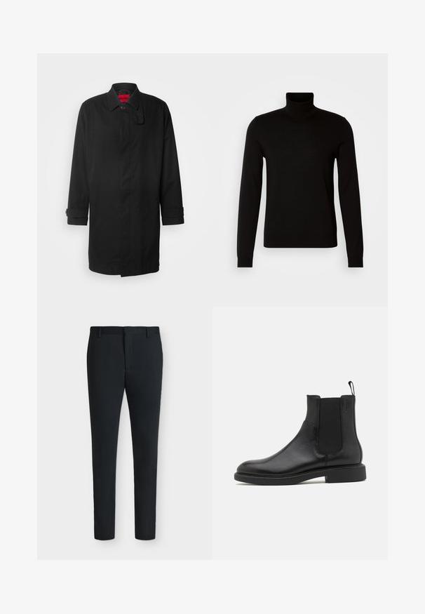Sort regnjakke med klassisk design, der har knaplukning, krave og opkrøllede manchetter. Glat tekstur, ingen synlige mønstre eller accenter.; Sort turtleneck sweater lavet af et fint strikket stof, der har lange ærmer og en tætsiddende silhuet. Glat tekstur med ribbede manchetter.; Sorte, tætsiddende bukser med bæltestropper, frontlynlås og uden synlige lommer, vist mod en ensfarvet hvid baggrund.; Sort læder ankelstøvle med glat overflade, elastiske sidepaneler og en trækstrop. Rund tå og flad gummisål med minimal mønster.