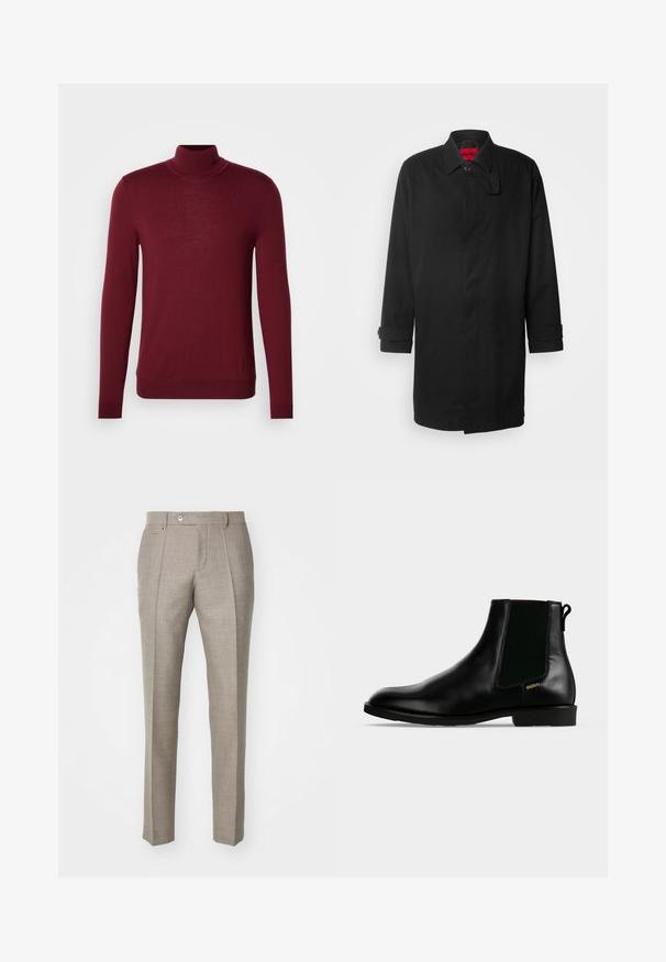 Sort regnjakke med klassisk design, der har knaplukning, krave og opkrøllede manchetter. Glat tekstur, ingen synlige mønstre eller accenter.; Herre burgundy langærmet rullekravesweater med ribbede manchetter og kant, vist på en enkelt lys grå baggrund.; Beige skræddersyede bukser med en tekstureret overflade, der har en knaplukning og to sidelommer. Struktureret design med et lige ben-silhuet.; Sort læder ankelstøvle med elastisk sidelæpanel, lav hæl, trækflig bagpå og lille gyldent "HUGO" logo på ydersiden.