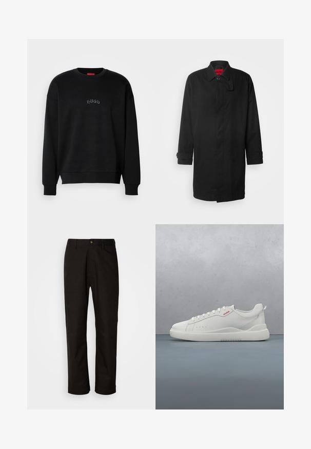 Schwarzer Regenmantel mit klassischem Design, ausgestattet mit Knopfverschluss, Kragen und aufrollbaren Ärmeln. Glatte Textur, keine sichtbaren Muster oder Akzente.; Schwarzes Langarmcrewneck-Sweatshirt mit kleinem, zentriertem "hugo"-Text in Hellblau auf der Brust, mit gerippten Bündchen und Saum.; Schwarze Baumwollhosen mit geradem Schnitt, Gürtelschlaufen, einem Reißverschluss vorne und einem einzelnen Knopfverschluss. Glatte Textur ohne sichtbare Muster.; Weiße Sneaker aus glattem Leder, runde Spitze, vier Ösen, dezente Perforationen und ein rotes Logodetail an der Seite.