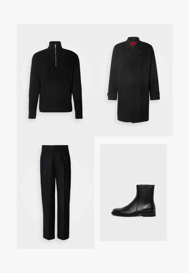 Abrigo de lluvia negro con un diseño clásico, que cuenta con cierre de botones, cuello y puños enrollados. Textura suave, sin patrones o acentos visibles.; Lindbergh HALF ZIP RIB KNIT - Jersey de punto - black; Pantalones negros de tela suave, con un diseño de pierna recta, parte delantera plana y pasadores para cinturón, exhibidos sobre un fondo liso.; Bota de piel negra lisa hasta el tobillo con tacón bajo y cremallera lateral, etiquetada con Hugo cerca del borde superior.