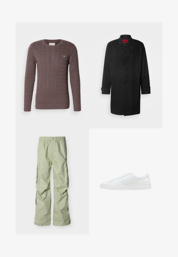 Sort regnjakke med klassisk design, der har knaplukning, krave og opkrøllede manchetter. Glat tekstur, ingen synlige mønstre eller accenter.; Brun kabelstrikket sweater med rund hals, lange ærmer og rib kant i ærmerne og kanten. Har et lille broderet logo på brystet.; Lysegrønne cargobukser med elastisk talje, sidelommer og en afslappet pasform. Stoffet har en glat tekstur og en let glans.; Hvide snørestøvler med en glat læderlignende overdel, rundet tå, flad gummisål og diskrete syninger på siderne.