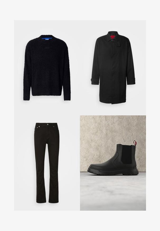 Imperméable noir au design classique, avec une fermeture à boutons, un col et des poignets retroussables. Texture lisse, sans motifs ni accents visibles.; Pull noir en maille texturée, avec un col rond, des manches longues et des poignets et un ourlet côtelés. Branding discret sur la poitrine.; Jeans en denim noir au design droit, avec poches avant, braguette zippée et accents en métal argenté. Texture lisse, sans motifs.; Bottines noires avec une finition lisse, des panneaux latéraux élastiques et une languette rouge contrastante, présentant une semelle en caoutchouc épaisse et un bout arrondi.