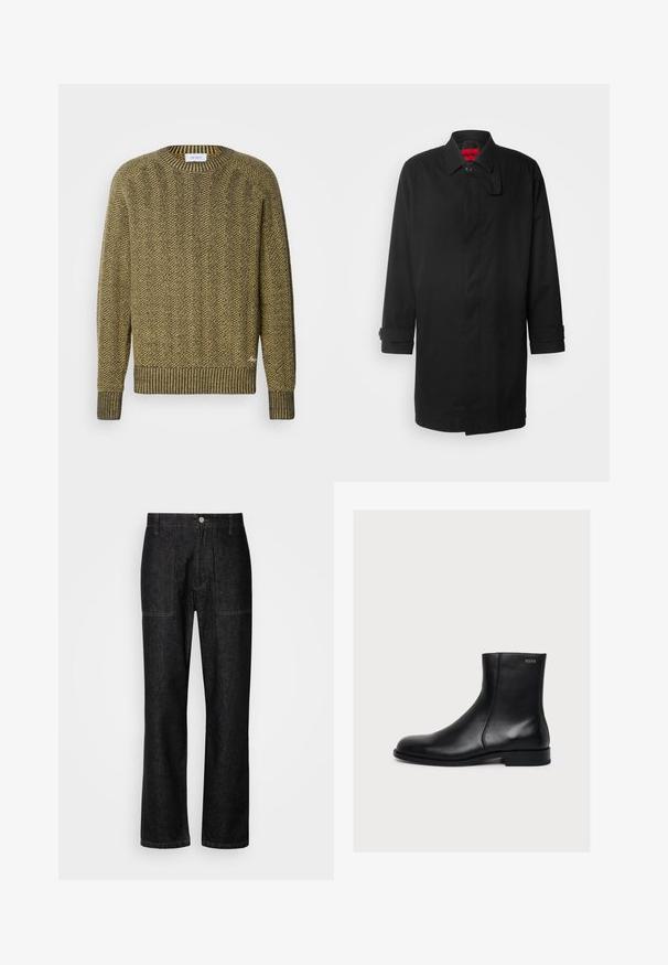 Abrigo de lluvia negro con un diseño clásico, que cuenta con cierre de botones, cuello y puños enrollados. Textura suave, sin patrones o acentos visibles.; Suéter de punto en espiga verde y amarillo con cuello y puños de canalé, que presenta un patrón texturizado tejido en toda su extensión.; Pantalones de mezclilla negros con corte recto, costuras visibles y cierre frontal con botón. Incluye dos bolsillos laterales y dos bolsillos traseros.; Bota de piel negra lisa hasta el tobillo con tacón bajo y cremallera lateral, etiquetada con Hugo cerca del borde superior.