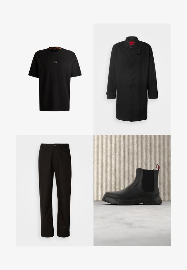 Sort regnjakke med klassisk design, der har knaplukning, krave og opkrøllede manchetter. Glat tekstur, ingen synlige mønstre eller accenter.; Sort bomulds t-shirt med rund halsudskæring, korte ærmer og hvid "BOSS" logo centreret på brystet. Glat tekstur, afslappet pasform.; Sorte bomuldsbukser med lige pasform, bæltestropper, lynlås foran og en enkelt knappelukning. Glat tekstur uden synlige mønstre.; Sort ankelstøvle med en glat overflade, elastiske sidepaneler og en kontrasterende rød træksløjfe, der har en tyk gummisål og rund tå.