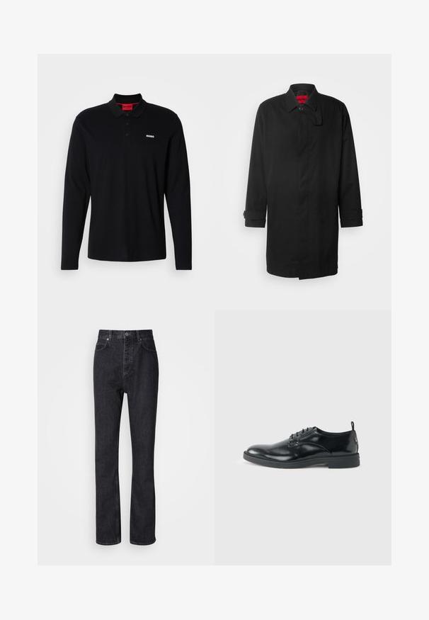 Zwarte regenjas met een klassiek ontwerp, voorzien van een knoopsluitingen, kraag en oprolbare mouwen. Gladde textuur, zonder zichtbare patronen of accenten.; Zwarte lange mouwen polo shirt van katoen, met een rode kraag en een drieknoopsluiting, voorzien van een wit "HUGO" logo op de borst.; Hoge taille zwarte denim jeans met een knoop- en ritssluiting, voor- en achterzakken en een rechte pasvorm.; Glanzende zwarte lederen nette schoen met lage hak, vetersluiting en ronde neus, van opzij getoond tegen een effen lichte achtergrond.