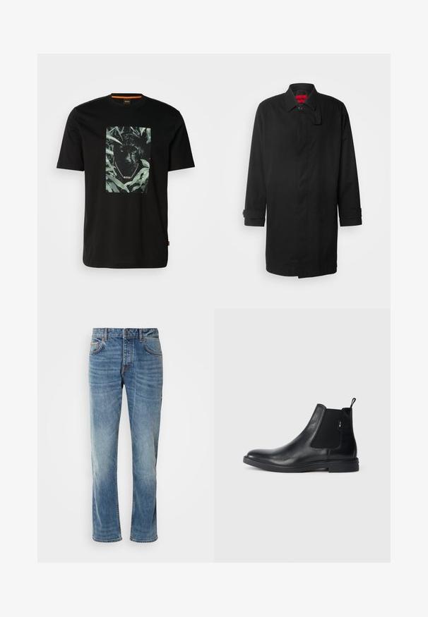 Sort regnjakke med klassisk design, der har knaplukning, krave og opkrøllede manchetter. Glat tekstur, ingen synlige mønstre eller accenter.; Sort bomulds t-shirt med et centralt grafik af en panter omgivet af blade, med en kædekrave og "BOSS" tekst. Korte ærmer.; Lyseblå denimbukser med lige ben, fem lommer, kontrasterende syninger og en falmet finish. Har en knap- og lynlåsåbning.; Sorte læder Chelsea støvler med elastiske sidepaneler, en pull-tab og en flad gummisål. Glat tekstur med minimal detaljer.