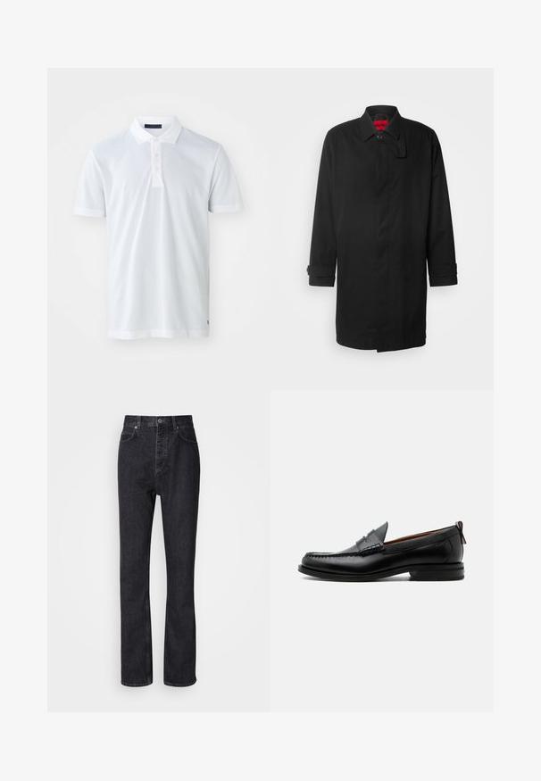 Abrigo de lluvia negro con un diseño clásico, que cuenta con cierre de botones, cuello y puños enrollados. Textura suave, sin patrones o acentos visibles.; Camisa polo blanca con una textura suave, tapeta de tres botones, cuello plano y mangas cortas. Presenta costuras sutiles en el dobladillo.; Jeans de mezclilla negros de cintura alta con cierre de botón y cremallera, bolsillos frontales y traseros, y corte recto.; Mocasín de hombre de piel negra con costura moc toe, tira penny, cuello texturizado y tacón bajo apilado sobre fondo blanco.