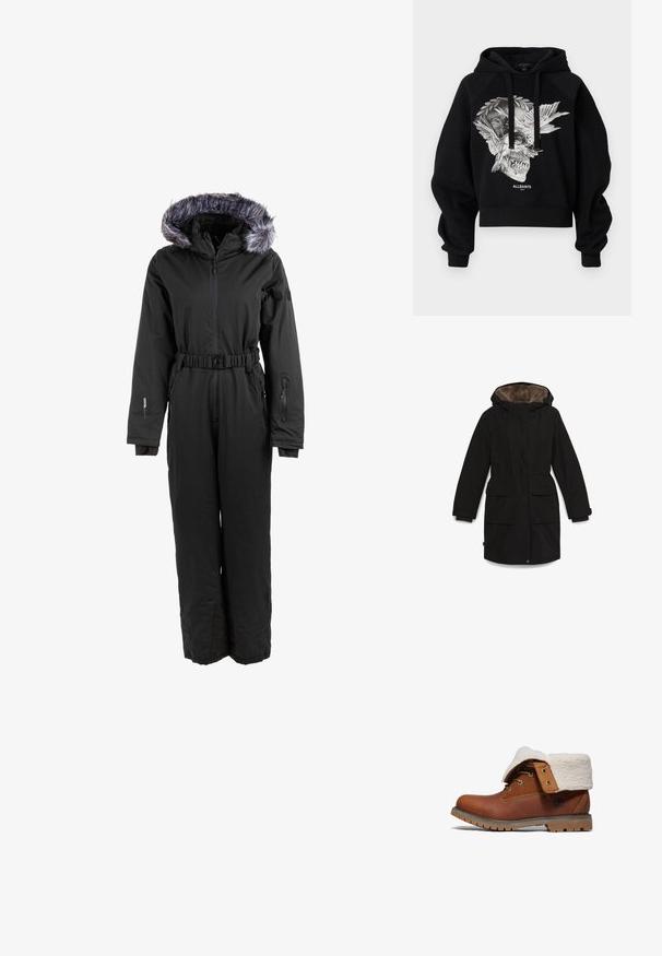 Timberland Regnjakke / vandafvisende jakker - black; Sort isoleret overall med hætte i kunstpels, bælte i taljen og lynlåslommer i begge sider til sikker opbevaring.; Sort croppet hættetrøje lavet af bomuld, med et grafisk design af en kranium og vinger på forsiden, med snorer og raglanærmer.; Brune læder ankelstøvler med en blød hvid kunstpelskant, rund tå, metaløjer og en robust sål med godt greb.