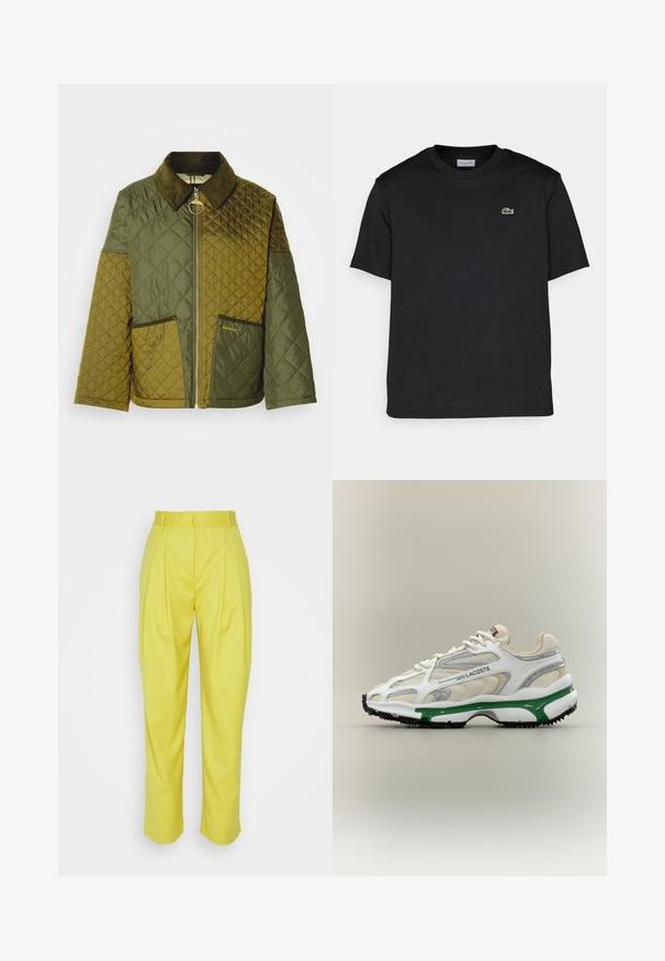 Veste matelassée en vert foncé et olive, dotée d'un col en velours côtelé, d'une fermeture zippée et de deux poches avant avec logo embossé.; T-shirt en coton noir avec un encolure ronde, des manches courtes et un petit logo brodé vert sur la poitrine gauche. Design simple.; Samsøe Samsøe LUZY TROUSERS - Pantalon classique - celery; La sneaker Lacoste présente un supérieur en mesh blanc avec des accents argentés et verts, des détails texturés, et une semelle en caoutchouc noir avec des touches de violet.