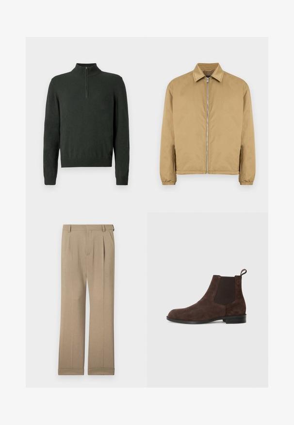 Tan lynlåsjakke med tekstureret overflade, spids krave, elastiske manchetter og sidelommer. Har et enkelt, minimalistisk design.; Mørkegrøn langærmet sweater med halv lynlås krave og ribbede manchetter samt kant på en ensfarvet baggrund.; Beige bukser lavet af letvægtigt stof, med et lige ben-design, dobbelte folder og opfoldede kanter for en afslappet pasform.; Brune ruskinds ankelstøvler med elastiske sidepaneler, rund tå og løkke i hælen. Flad sort gummisål.