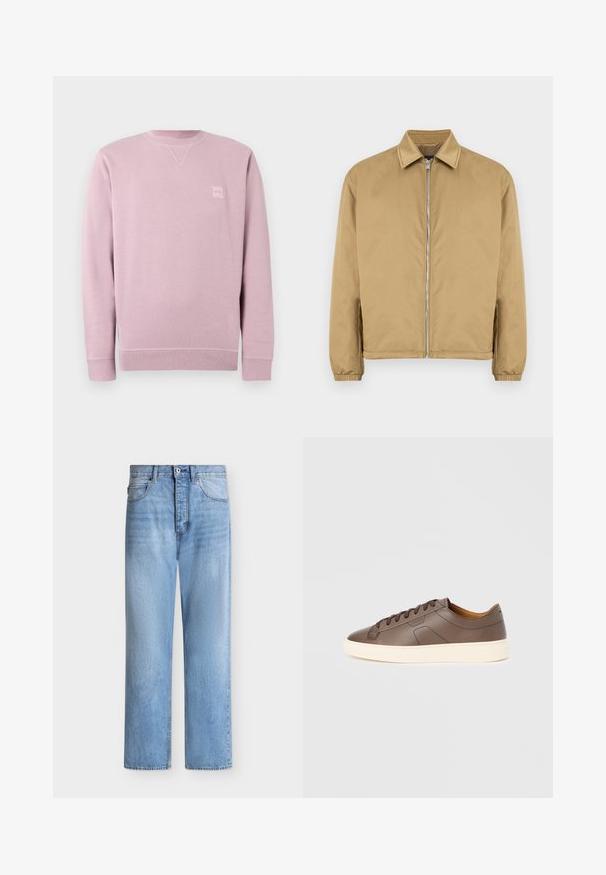 Veste zippée beige avec une surface texturée, col pointu, poignets élastiqués et poches latérales. Présente un design simple et minimaliste.; Sweatshirt rose clair en tissu doux, avec un col rond, des manches longues et un petit patch logo carré sur le devant.; Jean droit en denim bleu clair avec fermeture par bouton et zip, poches avant et arrière, et passants de ceinture à la taille.; Baskets en cuir marron à texture lisse, semelle extérieure crème contrastante, bout arrondi et lacets marron foncé ; présente un logo discrètement embossé.