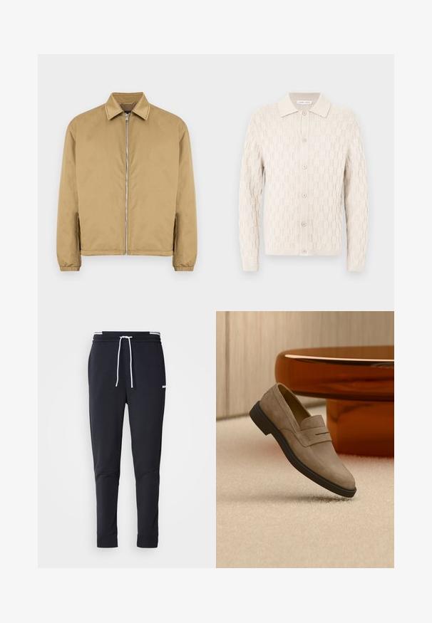 Beige Stehjacke mit strukturierter Oberfläche, spitzem Kragen, elastischen Bündchen und Seitentaschen. Verfügt über ein schlichtes, minimalistisches Design.; Strickjacke in Off-White mit strukturiertem Muster, mit Knopfverschluss und flachem Kragen, langen Ärmeln mit gerippten Bündchen.; Schwarze Slim-Fit-Jogginghose mit weißem Kordelzug, elastischem Bund mit weißen Streifen und kleinem weißen Logo am oberen Oberschenkel.; Beiger Wildleder-Slipper mit schwarzer Sohle, der über einem hellen Teppichboden schwebt, neben einem glänzenden braunen ovalen Couchtisch in einem modernen Raum.