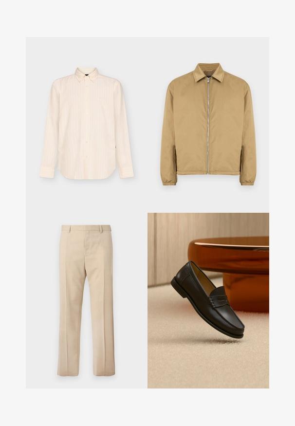 Veste zippée beige avec une surface texturée, col pointu, poignets élastiqués et poches latérales. Présente un design simple et minimaliste.; Chemise beige à manches longues boutonnée avec des rayures verticales subtiles et un col classique, présentée sur un fond clair uni.; Pantalon beige sur mesure avec passants pour ceinture, pli devant et fermeture éclair dissimulée, présenté sur un fond uni.; Chaussure mocassin en cuir noir suspendue au-dessus d’un tapis beige avec du mobilier moderne couleur ambre en arrière-plan.