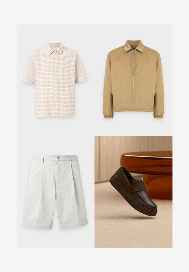Veste zippée beige avec une surface texturée, col pointu, poignets élastiqués et poches latérales. Présente un design simple et minimaliste.; Chemise à manches courtes de couleur beige clair, ornée d'un motif en grille de couleur marron doux, avec des boutons à l'avant et un col classique. Texture du tissu lisse.; Shorts gris clair en tissu texturé, dotés d'une fermeture à bouton, de plis et d'une coupe droite, adaptés à une tenue décontractée.; Une chaussure mocassin en cuir marron foncé flottant au-dessus d'un tapis crème avec une table ronde orange en arrière-plan.