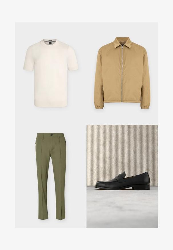 Veste zippée beige avec une surface texturée, col pointu, poignets élastiqués et poches latérales. Présente un design simple et minimaliste.; Pull en maille crème à manches courtes avec col rond et poignets et ourlet côtelés sur un fond uni.; Pantalon vert olive coupe slim avec pli avant, fermeture par bouton, passants pour ceinture et poches latérales zippées.; Mocassin en cuir noir flottant au-dessus d'un tapis beige avec une table ronde brune brillante en arrière-plan.