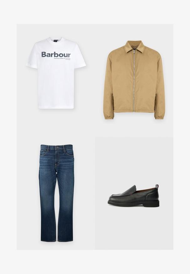 Veste zippée beige avec une surface texturée, col pointu, poignets élastiqués et poches latérales. Présente un design simple et minimaliste.; T-shirt blanc à manches courtes et col rond avec le logo « Barbour » et le texte « Manufacturers of Outdoor Clothing » imprimés sur le devant.; Jean en denim bleu foncé avec une coupe droite, présentant des coutures visibles et une ceinture standard avec une fermeture à bouton en métal.; Chaussure slip-on en cuir noire avec un bout rond, un dessus texturé, des coutures rouges contrastantes et un petit talon. Présente une languette en boucle.