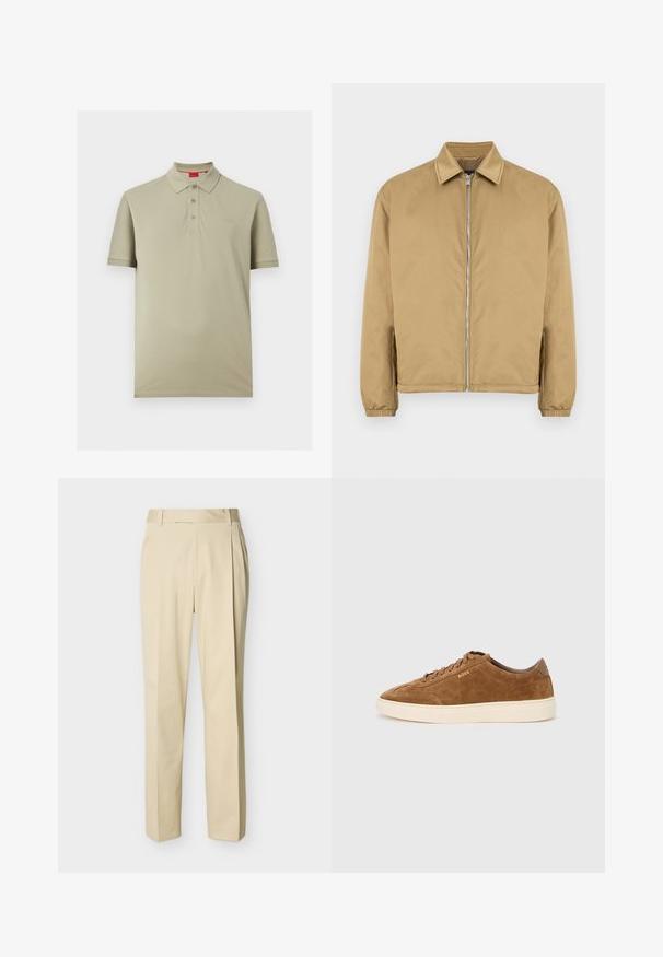 Veste zippée beige avec une surface texturée, col pointu, poignets élastiqués et poches latérales. Présente un design simple et minimaliste.; Polo beige clair à manches courtes avec trois boutons et un petit logo "HUGO" sur la poitrine gauche.; Pantalon beige à jambe droite avec passants de ceinture et plis sur le devant, sur un fond uni clair.; Baskets en daim marron avec bout rond, semelle en caoutchouc crème et lacets ton sur ton. Présentent un logo en relief sur le côté et un panneau arrière lisse.