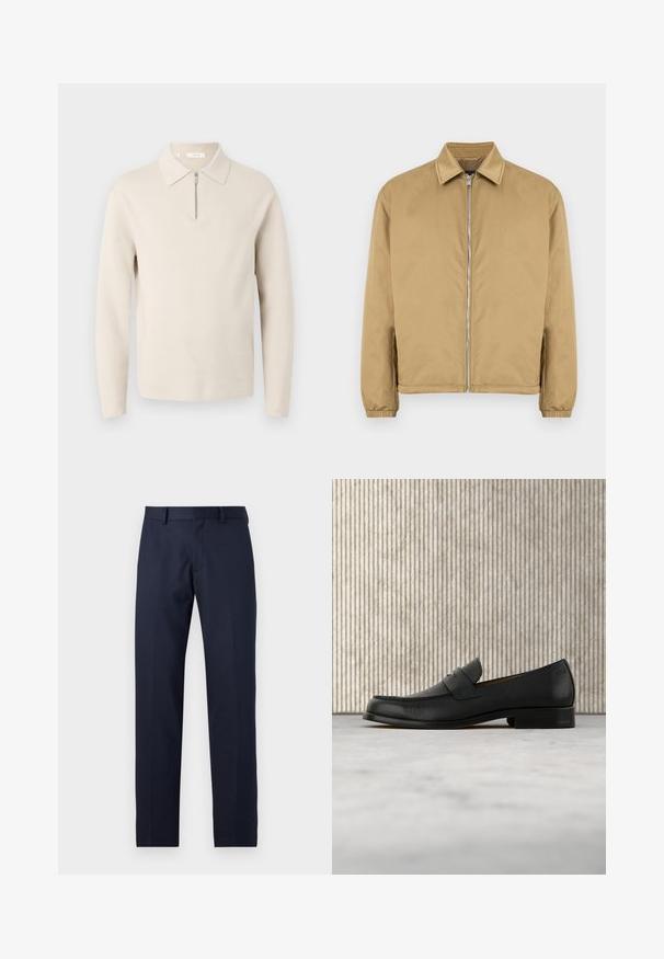Tan lynlåsjakke med tekstureret overflade, spids krave, elastiske manchetter og sidelommer. Har et enkelt, minimalistisk design.; Beige langærmet sweater med krave og en kort lynlås foran, vist på hvid baggrund.; Marineblå lige bukser med bæltestropper og lynlås, vist på en ensartet lys baggrund.; Sort lædersko i loafer-stil svæver over et beige tæppe med et blankt brunt rundt bord i baggrunden.