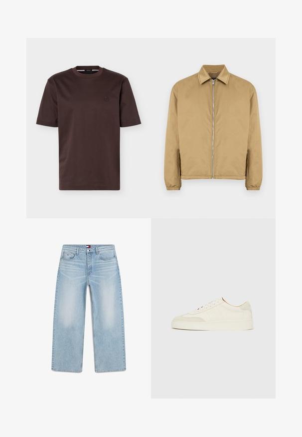 Veste zippée beige avec une surface texturée, col pointu, poignets élastiqués et poches latérales. Présente un design simple et minimaliste.; T-shirt en coton marron foncé à manches courtes, col rond et petit logo circulaire brodé sur la poitrine gauche.; Jean bleu clair à jambes larges avec cinq poches, fermeture par bouton et zip, et détails subtils délavés sur l'avant des cuisses.; Baskets en daim blanc à finition lisse, embout rond, design lacé plat, avec des accents texturés contrastants. Comprend un détail de logo subtil.