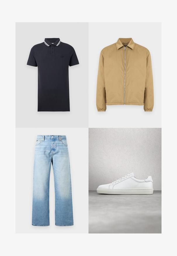Veste zippée beige avec une surface texturée, col pointu, poignets élastiqués et poches latérales. Présente un design simple et minimaliste.; Polo noir à manches courtes avec une patte de boutonnage et un col noir orné de deux rayures blanches.; Jean en denim bleu clair avec une taille haute, des jambes larges et droites, des poches avant, et une fermeture par bouton et zip.; Sneaker blanche avec une tige en cuir lisse et un profil bas. Présente un bout arrondi, six œillets et une semelle en caoutchouc texturé.