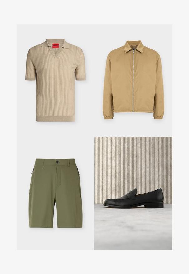 Veste zippée beige avec une surface texturée, col pointu, poignets élastiqués et poches latérales. Présente un design simple et minimaliste.; Polo en maille beige à manches courtes avec texture côtelée et col en V, avec une étiquette rouge portant le nom de la marque "HUGO" à l'intérieur du col.; Shorts pour hommes longueur genou de couleur vert olive avec fermeture par bouton et poches latérales zippées sur fond blanc.; Mocassin en cuir noir flottant au-dessus d'un tapis beige avec une table ronde brune brillante en arrière-plan.